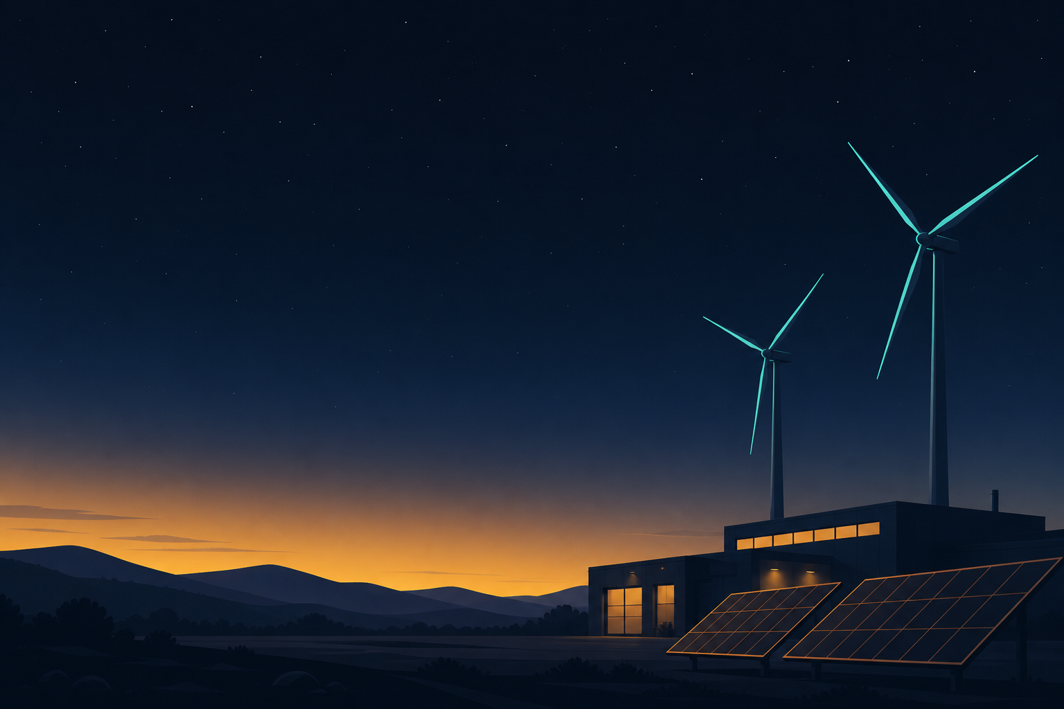 Night shift at a clean power campus.